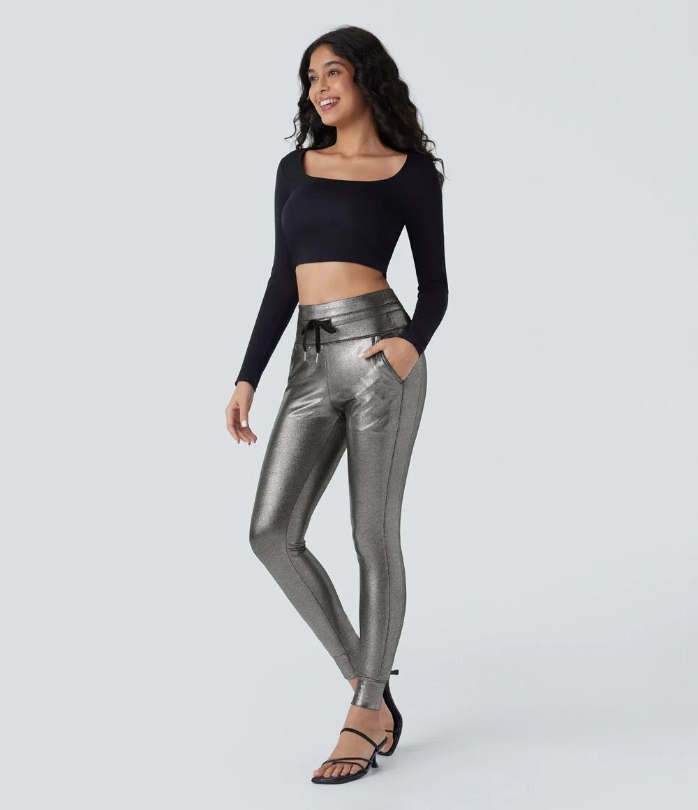 Halara Metallic Jogger Pocket Leggings, Medium, Silver High Rise Stretch Party